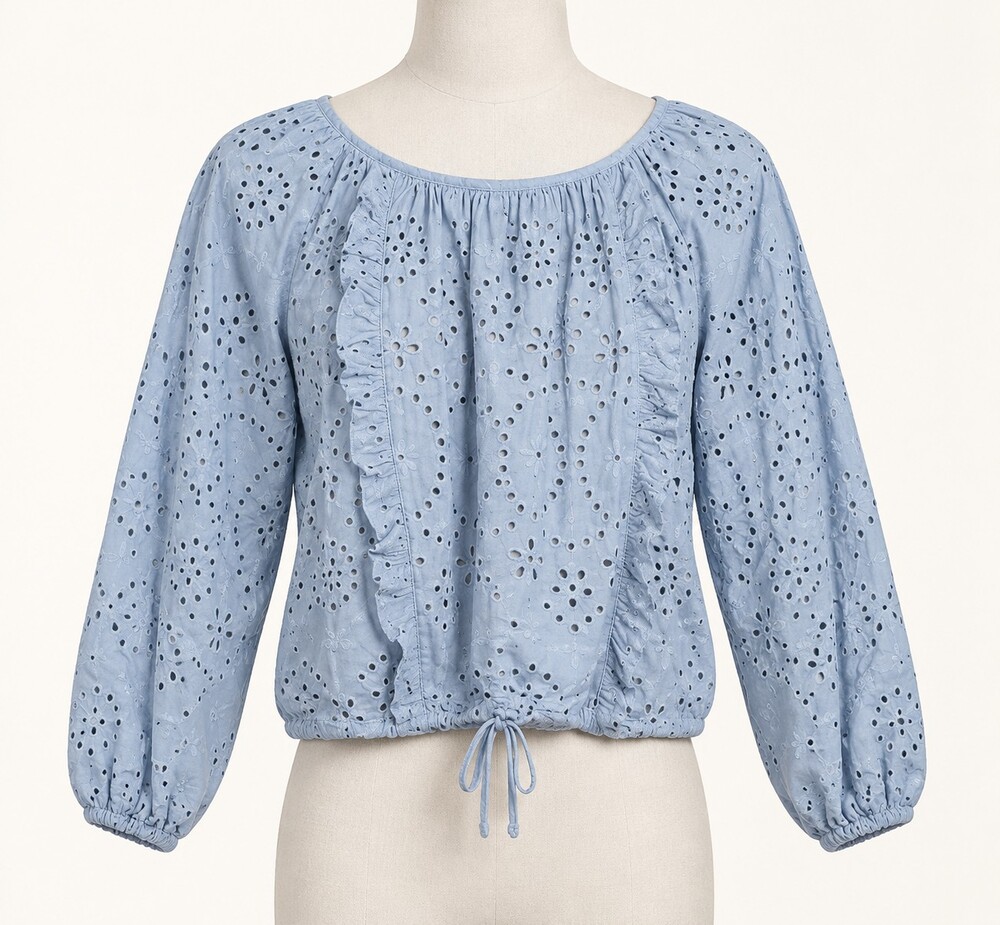 joie XS Light Blue Eyelet Blouse Long Sleeve Drawstring Hem